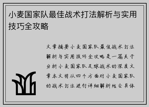 小麦国家队最佳战术打法解析与实用技巧全攻略