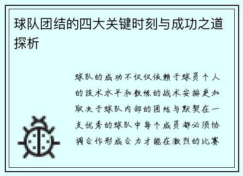 球队团结的四大关键时刻与成功之道探析