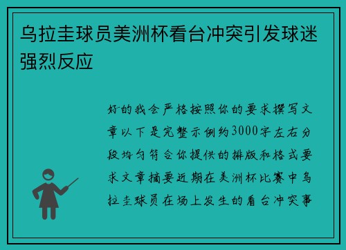 乌拉圭球员美洲杯看台冲突引发球迷强烈反应